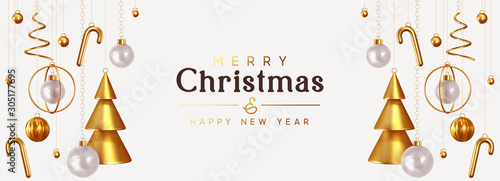 Christmas and New Year background. Conical Abstract Gold Christmas Trees. Xmas Balls hanging on ribbon. Bright Winter holiday composition. Greeting card, banner, poster