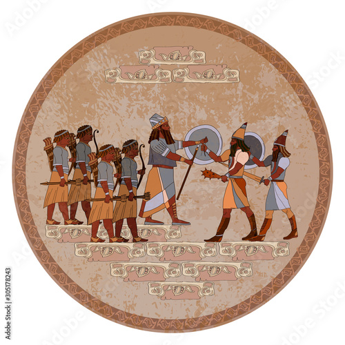Ancient Sumerian culture. Old civilization art. Akkadian Empire. Mesopotamia. Middle East history. King and warriors. Scene of fight