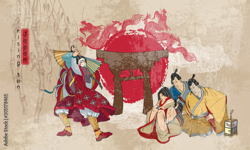 Medieval Japan background. Classical engraving art. Asian culture. Japanese samurai, dragon,red sun and geishas. Ancient illustration. Kabuki actors
