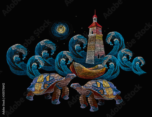 Embroidery. Lighthouse in ocean, big wave and sea turtles. Template for clothes, t-shirt design
