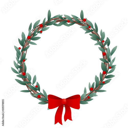 Christmas wreath frame with red bow vector isolated on white