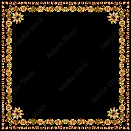 Decorative frame with paisley and floral border and space for text. Bandana print, scarf, shawl, tablecloth.