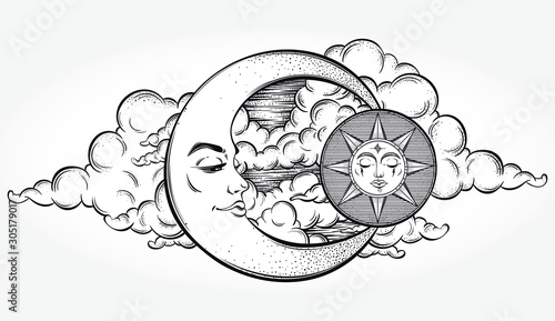 Vintage hand drawn moon, sun and night sky. Vector illustration for coloring book, t-shirts design, tattoo, art.Vector illustration.