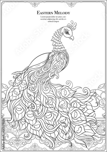 Peacock and eastern ethnic motif, traditional muslim ornament. Coloring page for the adult coloring book. Outline hand drawing vector illustration..