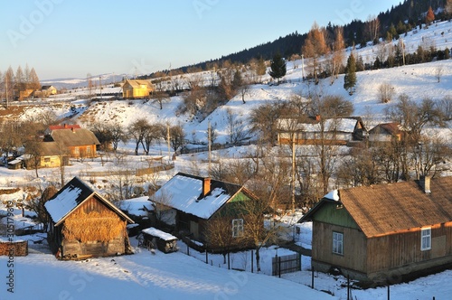 Snow-covered village in the mountains