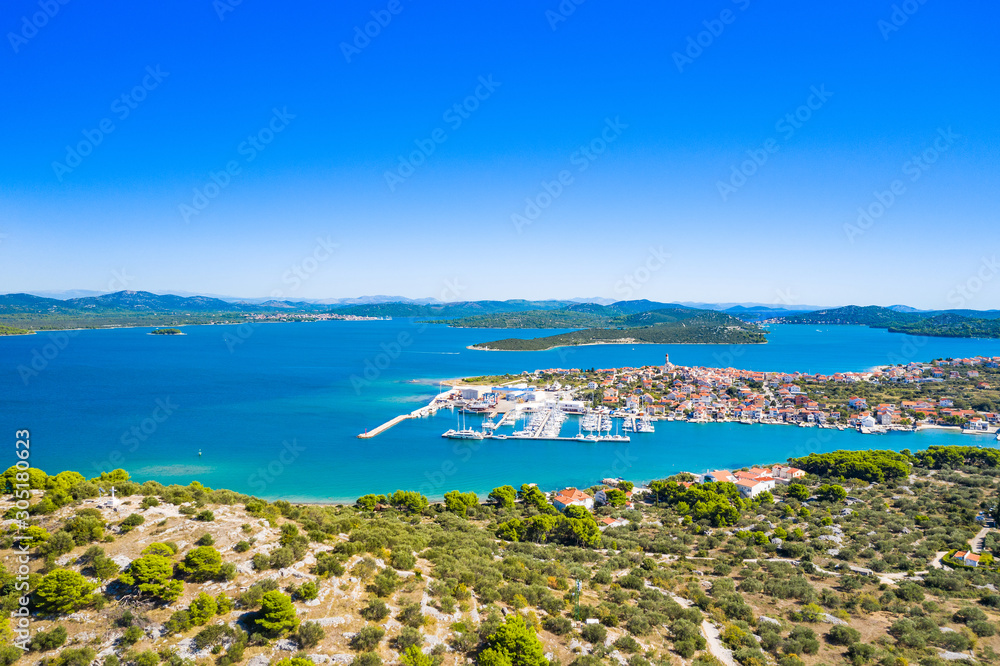 Croatia, Adriatic coast, panoramic view of the small town of Betina from air on Murter island
