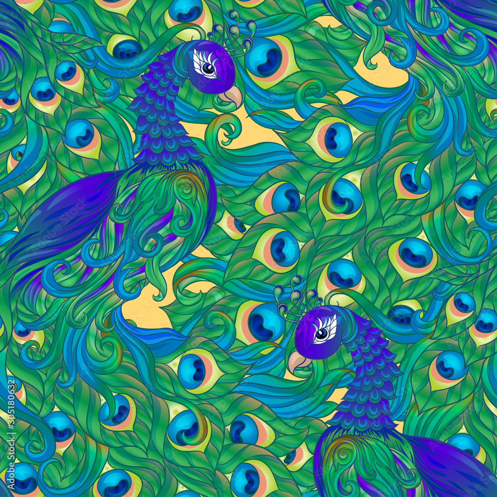 Peacock bird seamless pattern, background. On aspen yellow background Peacock bird seamless pattern, background. On aspen yellow background