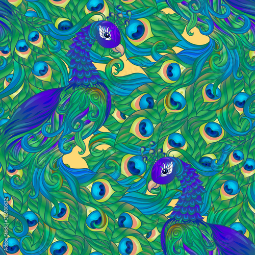 Peacock bird seamless pattern  background. On aspen yellow background