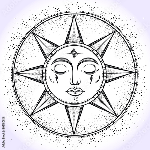 Vintage elegant hand-draw work of sun. Religion philosophy, spirituality, occultism, chemistry, science, magic. Isolated vector illustration.