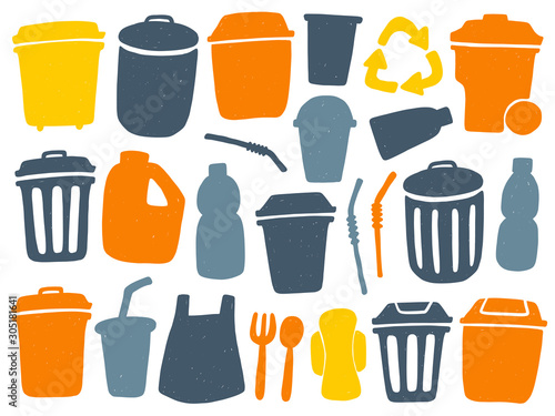 Zero waste set. Hand drawn vector elements set. Stop using plastic. ECO concept. Protest against garbage, disposable polythene package. Pollution problem concept.