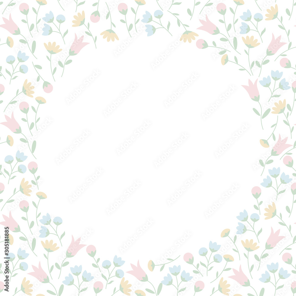 Round floral frame with wildflowers in pastel colors. Summer floral pattern isolated on white background. Vector illustration
