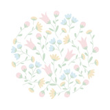 Round floral ornament with wildflowers in pastel colors. Summer floral pattern isolated on white background. Vector illustration