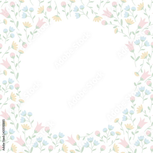 Round floral frame with wildflowers in pastel colors. Summer floral pattern isolated on white background. Vector illustration