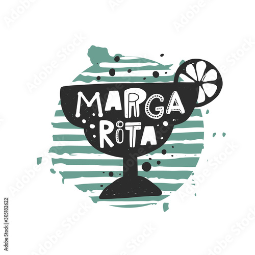 Margarita grunge style banner template. Cuban cocktail glass with lemon slice silhouette on striped round frame with stylized lettering, ink drops. Nightclub, restaurant menu, poster design element