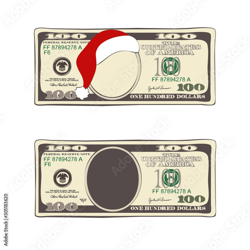 Set of 100 dollar, Christmas bill one hundred dollar with Santa Claus red hat.