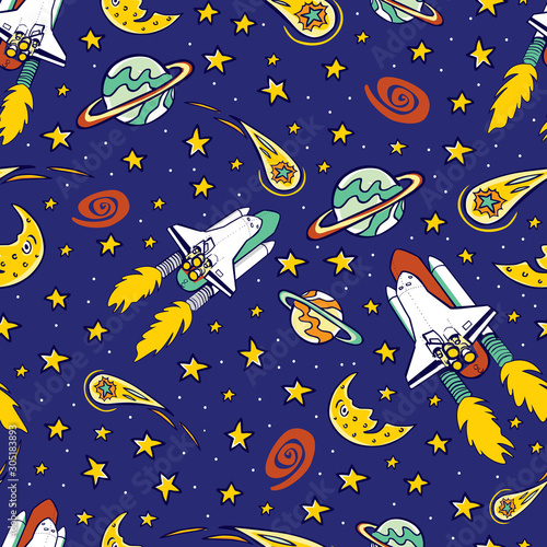 Vector blue space shuttle blast off with colorful stars, moon and comet repeat pattern. Great for kids wall murals and wrapping paper or fabric.