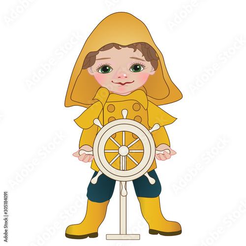 Boy fisherman in a yellow raincoat and boots twists the helm, color vector clip art on a white isolated background