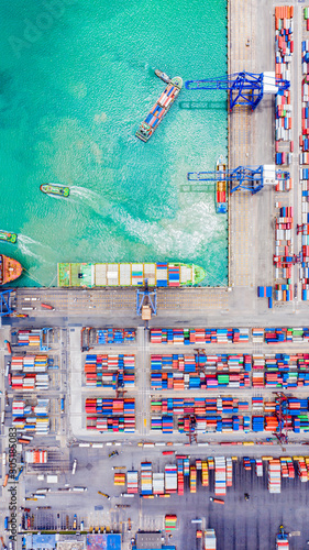 Photography Top view of Deep water port with cargo ship and containers