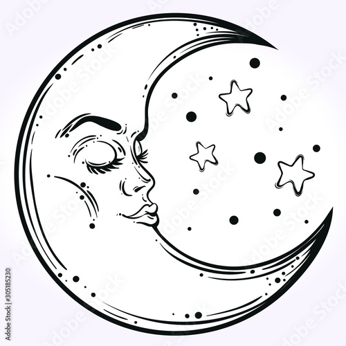 Vintage elegant hand-draw work of moon and stars. Religion philosophy, spirituality, occultism, chemistry, science, magic. Isolated vector illustration.