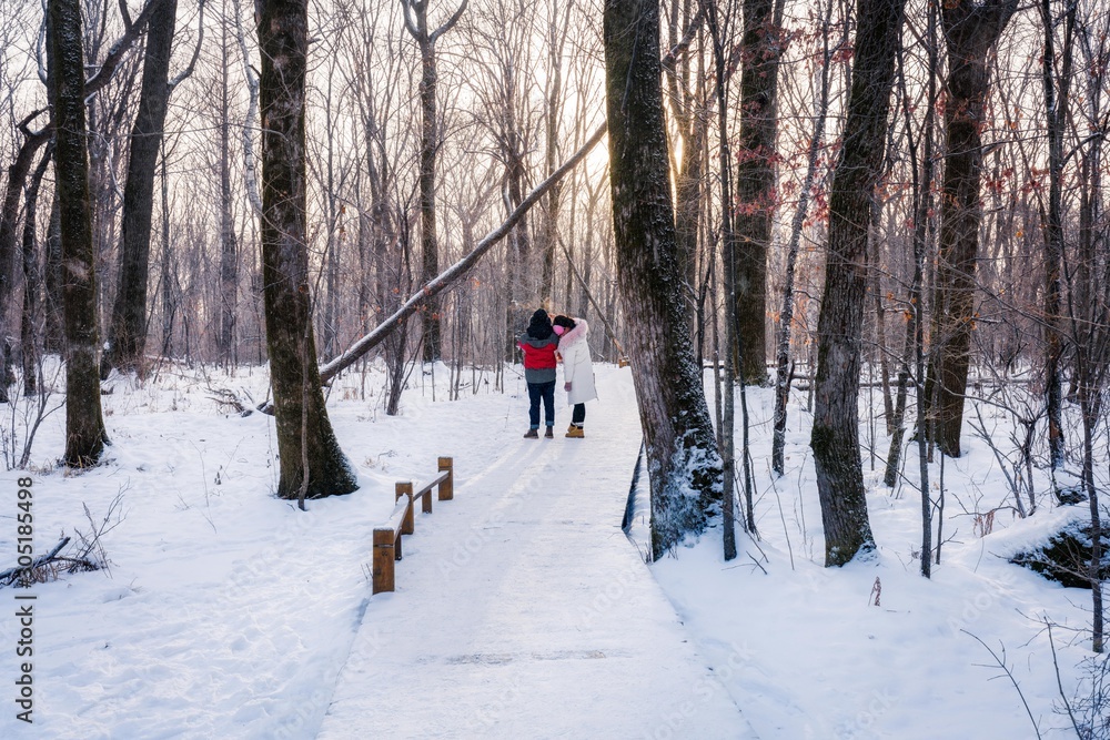 A couple walking on the snowfield in the forest in winter