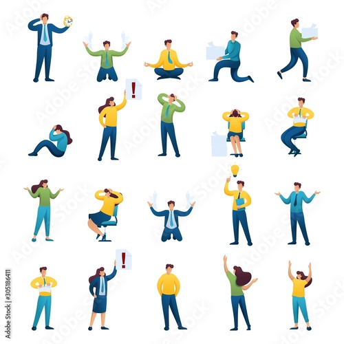 Set Young business characters, businessmen, in Stressful situation. Flat 2D characters. For Concept for web design