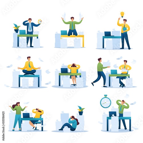 Set of mini business concepts of entrepreneurs in a stressful situation, analysis of papers, filling in tax. For web design