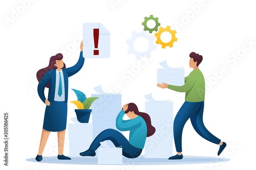 Stressful situation of the office, depression at work, a large number of reports. Flat 2D character. Concept for web design