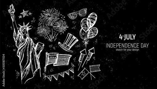 4th of July set. Hand drawn vector illustrations. Independence Day of America. USA national sketches. Material design for greeting card, flyer, banner, poster