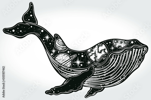 A drawn whale with solar system planets which are on its body. Tattoo art, graphic, t-shirt design, postcard, poster design, coloring books,spirituality, occultism. Vector illustration.