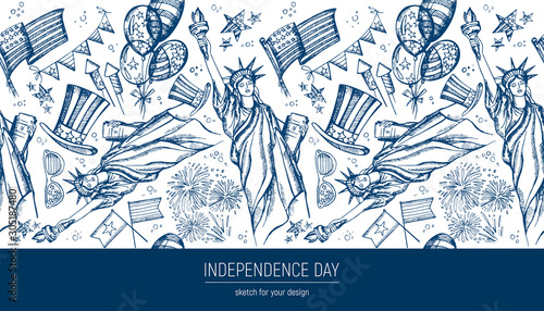 Seamless pattern 4th of July . Hand drawn vector illustrations. Independence Day background. USA national sketches. Material design for greeting card, flyer, banner, poster