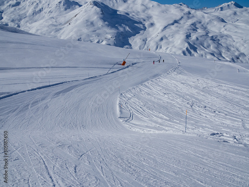 France, February 2018: Mountains with snow in winter. Meribel Ski Resort, Meribel Village Center (1450 m)