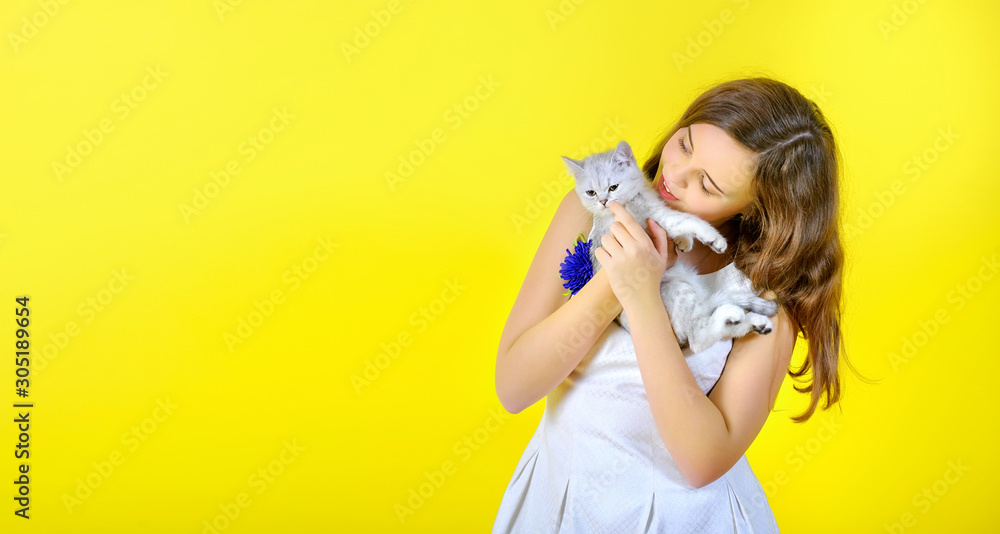 Beautiful girl on a yellow background holds in her arms and hugs a little cute kitten. Place for text Beautiful girl on a yellow background holds in her arms and hugs a little cute kitten. Place for text