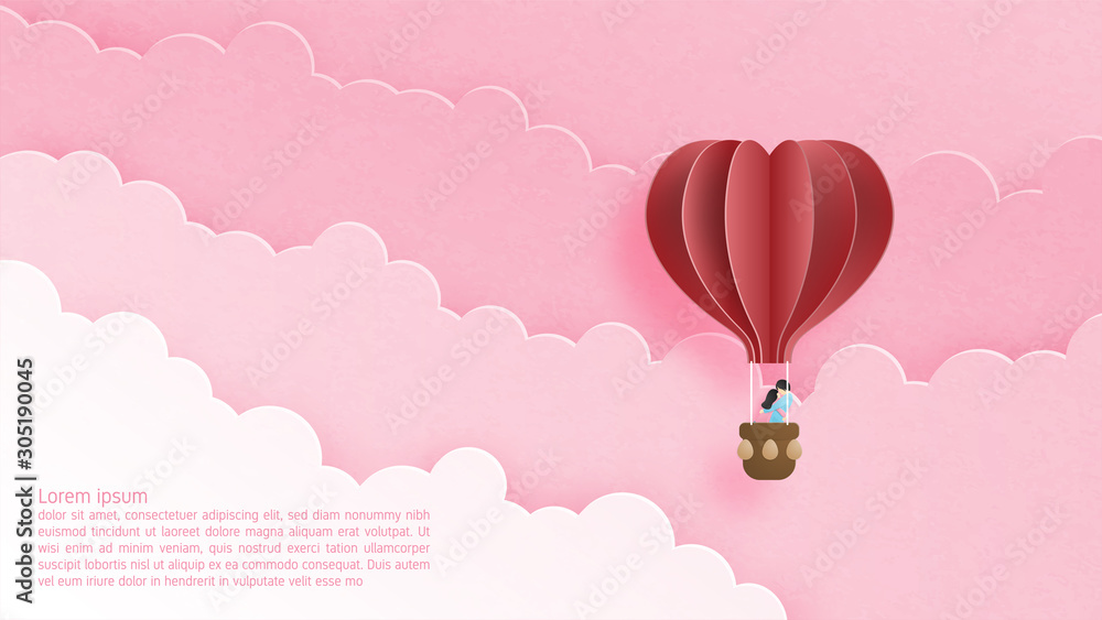 Valentines day concept. Love couple in hot air balloon floating in cloud and sky in paper cut style. Vector illustration of love. Poster, banner, template, backdrop, wallpaper, invitation card.