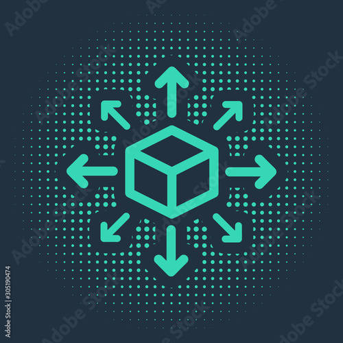 Green Distribution icon isolated on blue background. Content distribution concept. Abstract circle random dots. Vector Illustration