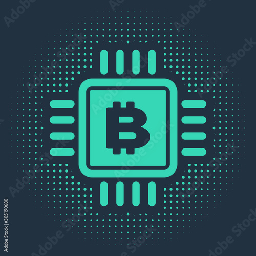 Green CPU mining farm icon isolated on blue background. Bitcoin sign inside microchip. Cryptocurrency mining community. Digital money. Abstract circle random dots. Vector Illustration