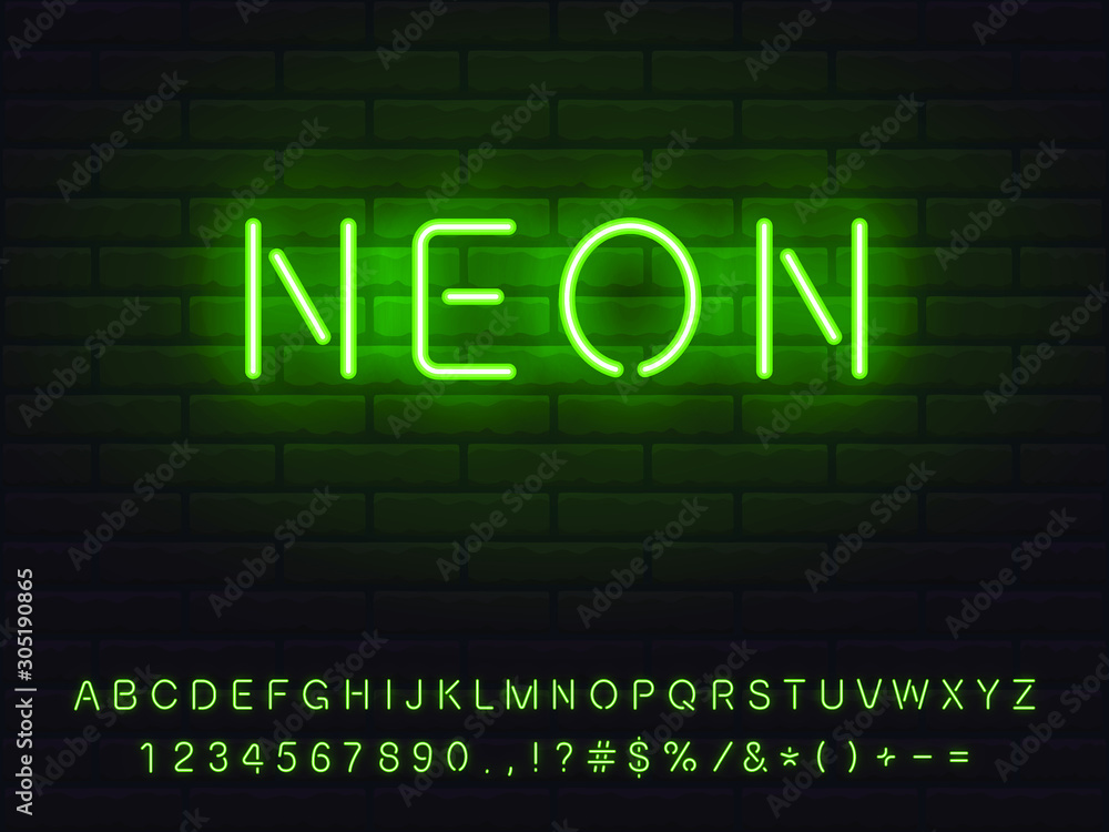 green glowing neon font set