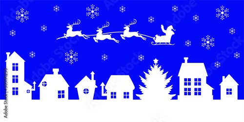 Vector illustration of Christmas banner with Santa Claus flying over the night village