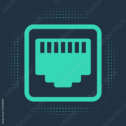 Green Network port - cable socket icon isolated on blue background. LAN, ethernet port sign. Local area connector icon. Abstract circle random dots. Vector Illustration