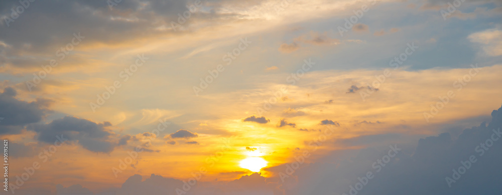 Panorama or panoramic photo of Dramatic blue sky and clouds at sunset or evening time.