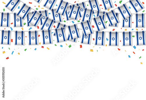 Israel flag garland white background with confetti, Hang bunting flags for Israeli independence Day celebration template banner, Vector illustration