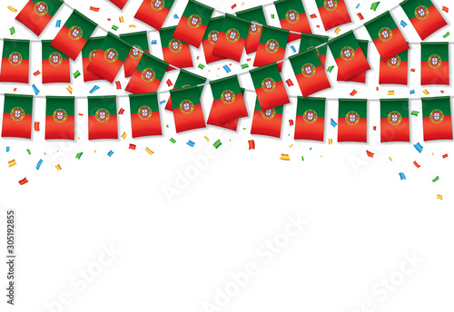 Portugal flags garland white background with confetti, Hang bunting for Portuguese independence Day celebration template banner, Vector illustration
