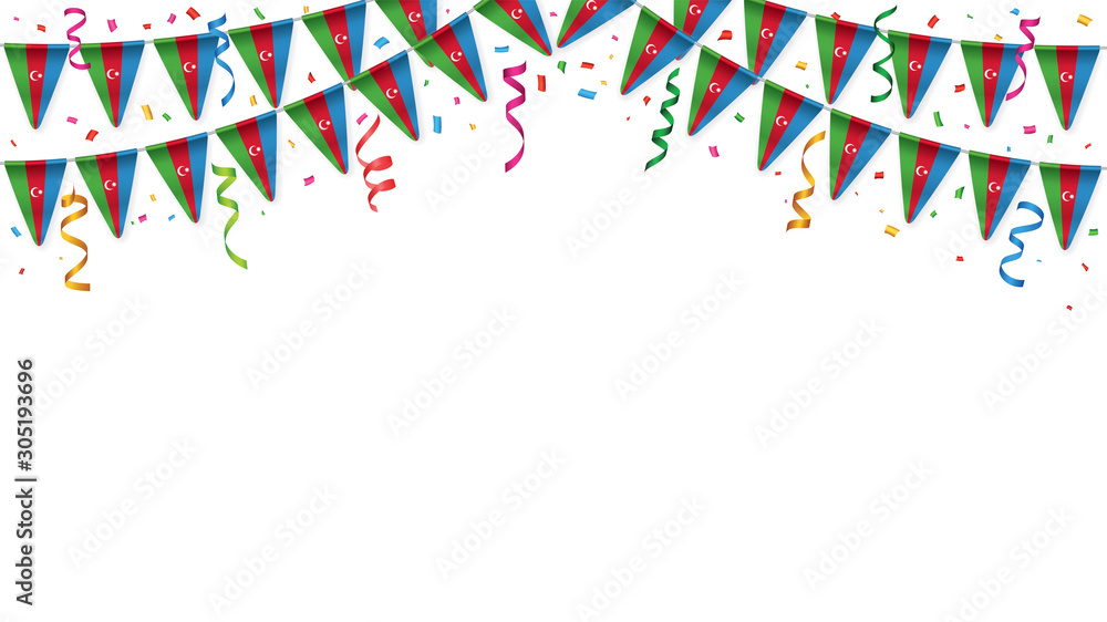 Obraz premium Azerbaijan flag garland white background with confetti, Hang bunting for Azerbaijani independence Day celebration template banner, Vector illustration