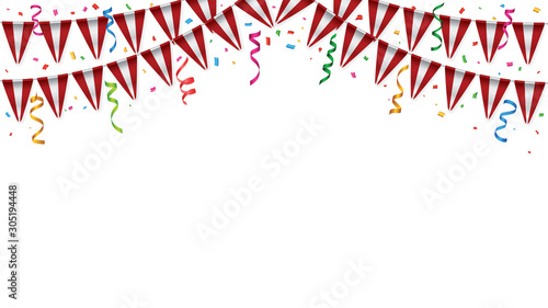 Peru flags garland white background with confetti, Hang bunting for Peruvian independence Day celebration template banner, Vector illustration