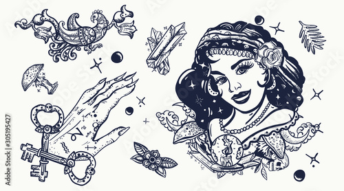 Witch woman, gypsy, crystal ball, occult hands. Old school tattoo. Dark gothic fairy tale. Traditional tattooing style. Halloween collection