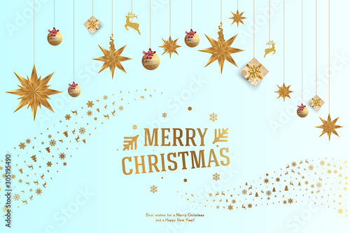 Merry Christmas and Happy New Year. Greeting card with inscription and deer, star and gifts, bows and ribbons on a white background. Flat vector illustration EPS10