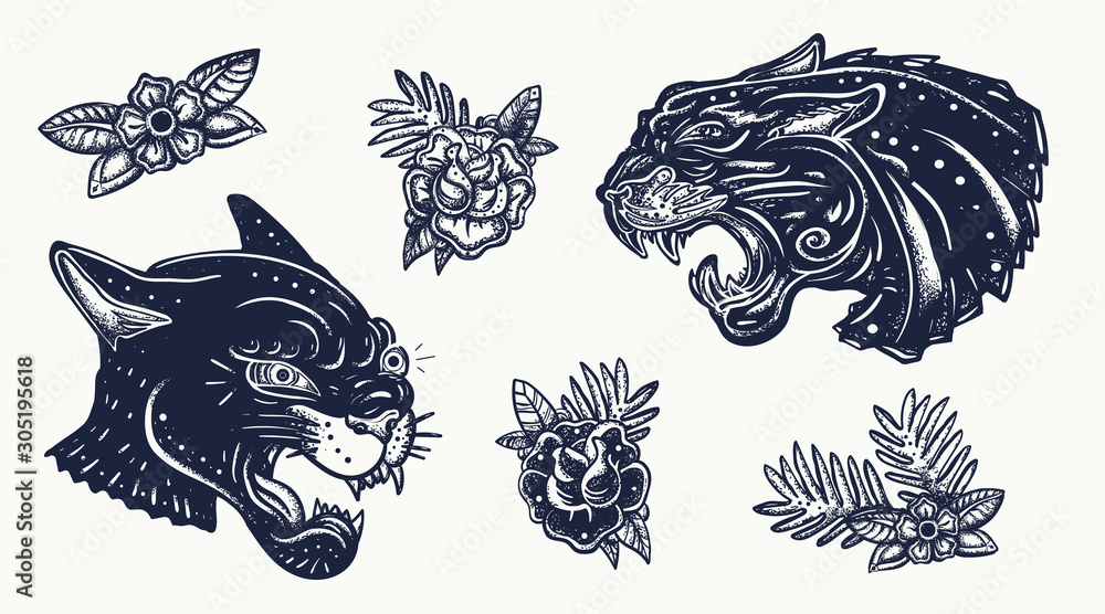 Fototapeta Black panthers. Wild cats. Old school tattoo collection. Traditional tattooing style