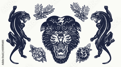 Black panthers. Aggressive wild cats. Old school tattoo set. Traditional tattooing style