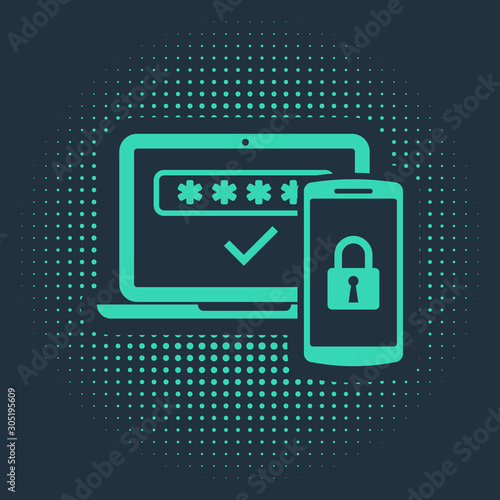 Green Multi factor, two steps authentication icon isolated on blue background. Abstract circle random dots. Vector Illustration