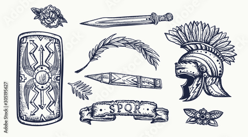 Ancient Rome. Old school tattoo collection. Spartan helmet, sword and shield. History of Italy. Traditional tattooing style