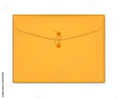 Closed paper envelope file folder with string closure, realistic illustration. Business document cover for projects, reports and other, vector mockup for corporate design